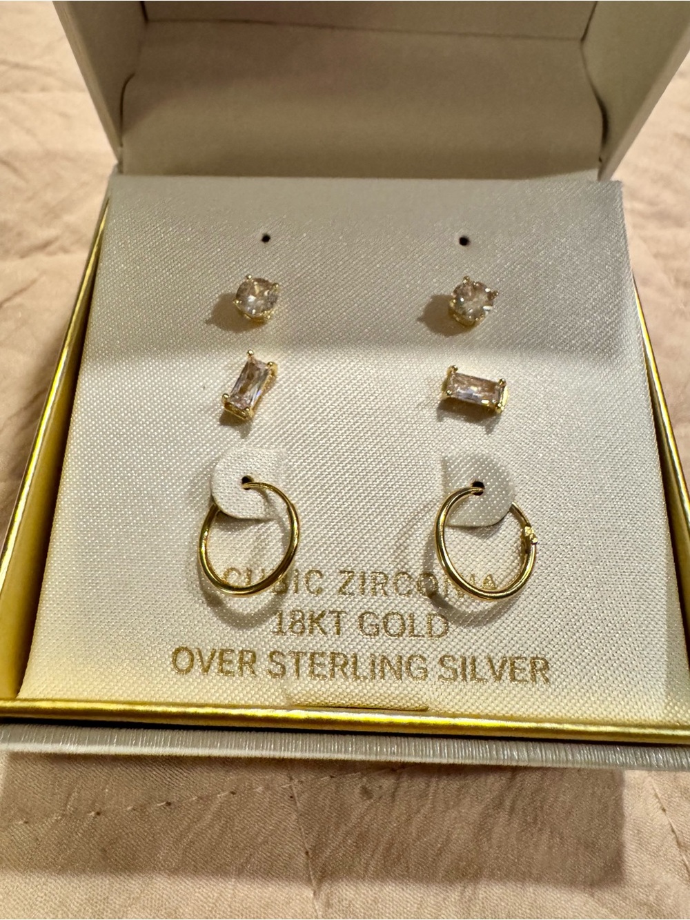 18K Gold Over Sterling 3 pair set Silver Hoop and Zircon Stud Earring Set - Gold